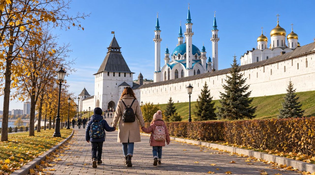 Родитель с двумя детьми, со спины, идут осенним утром вдоль белых стен Казанского кремля; над стеной — мечеть Кул-Шариф и собор с золотыми главами